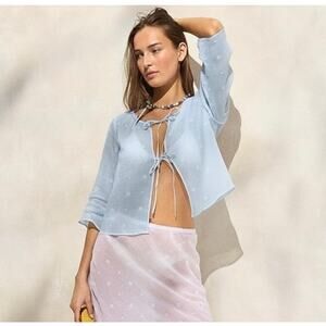 J.Crew Tie Front Eyelet 100% Ramie Top Calm Blue Size XXS NWT